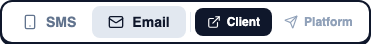 Channel toggle expanded with Email selected, showing Client and Platform sub-options