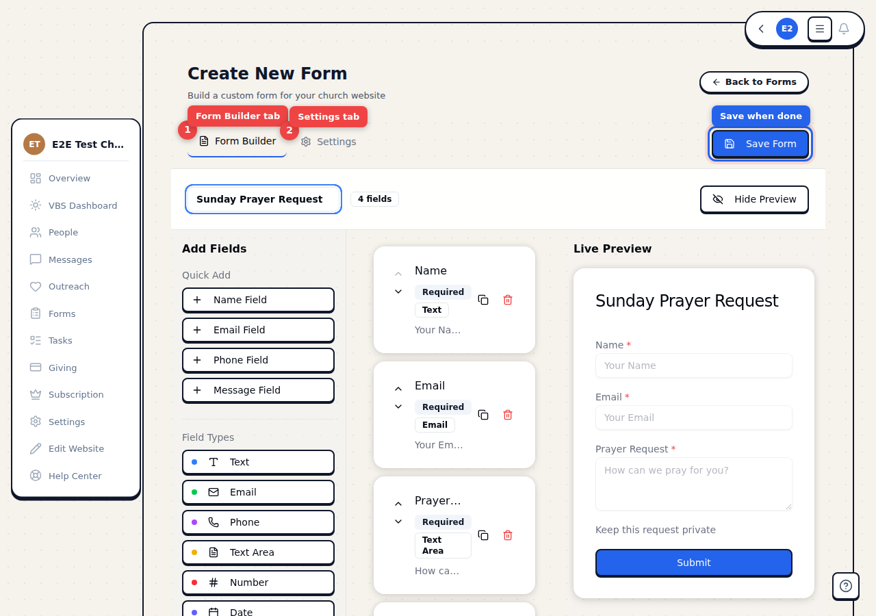 The form builder showing the field list on the left and live preview on the right