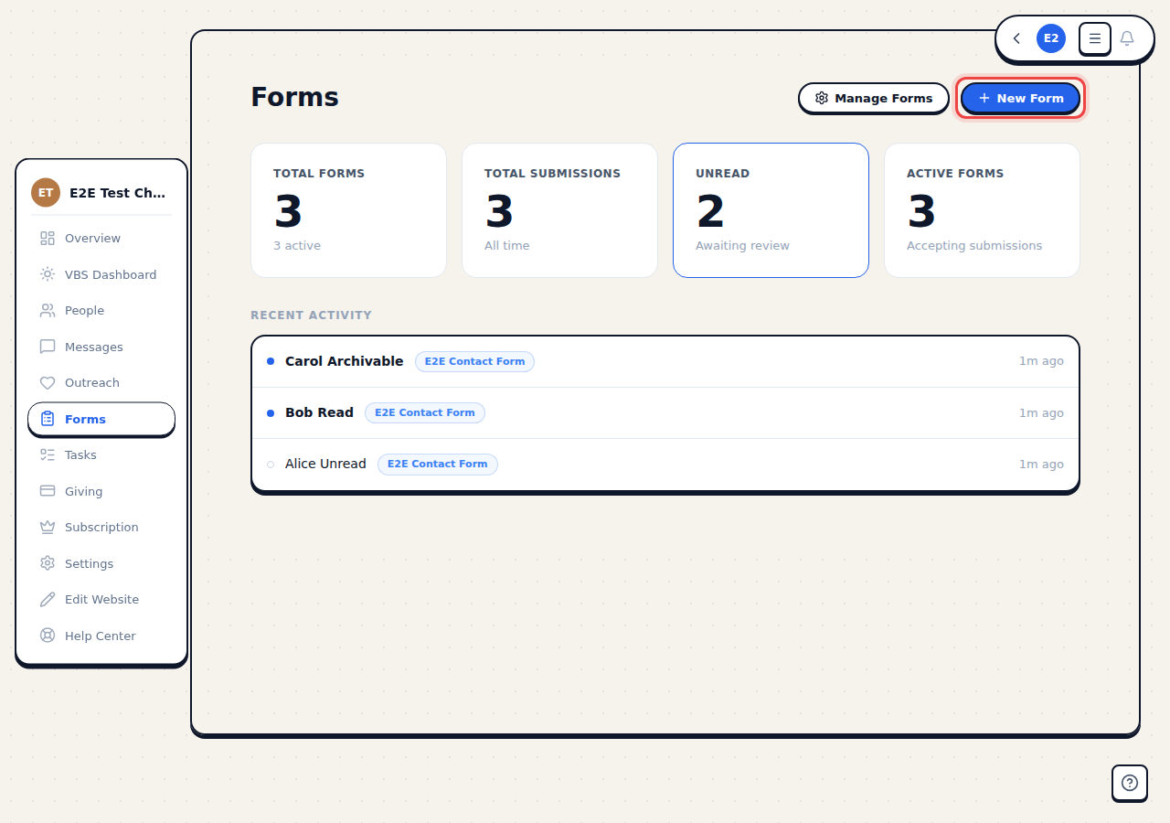 Forms dashboard with the New Form button highlighted in the top-right corner