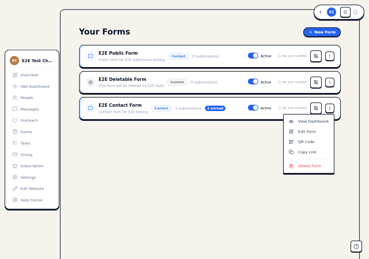 The three-dot menu on a form row showing Copy Link, QR Code, Edit Form, and Delete options