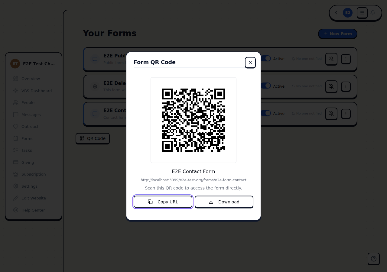 The QR code dialog showing a generated QR code with copy URL and download options