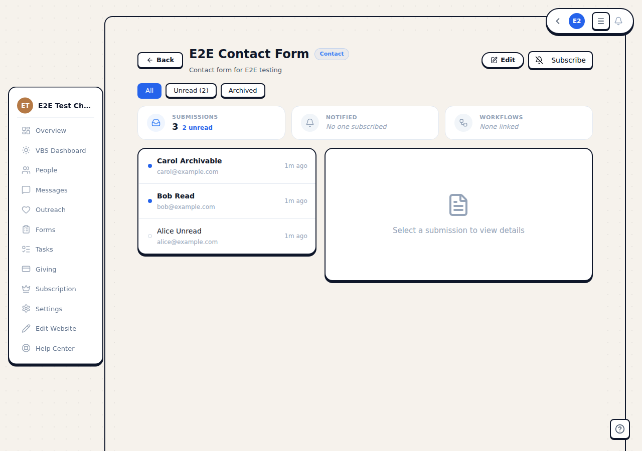 A form's submission list showing unread indicators, names, dates, and filter tabs