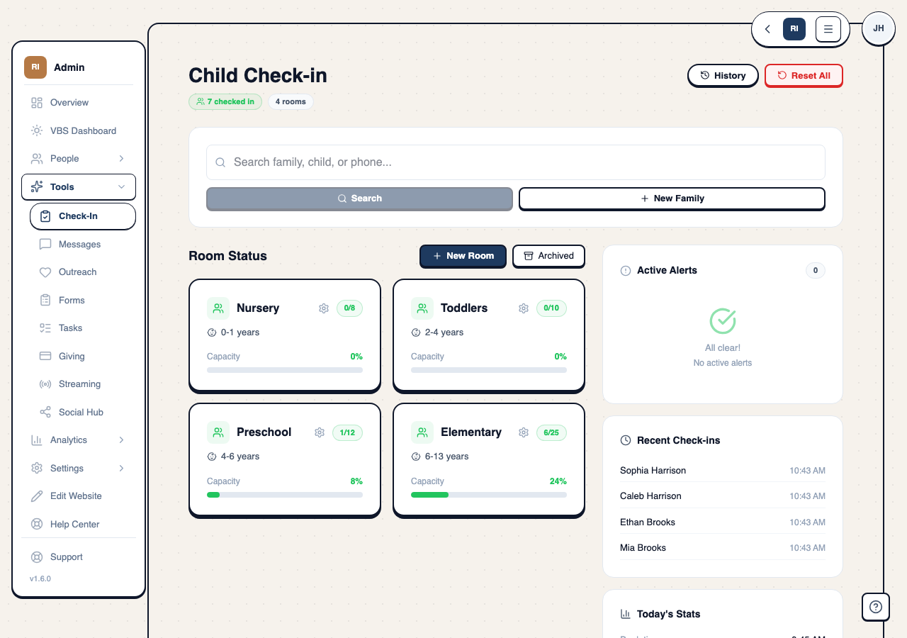 Child check-in admin dashboard with room grid and badge printing