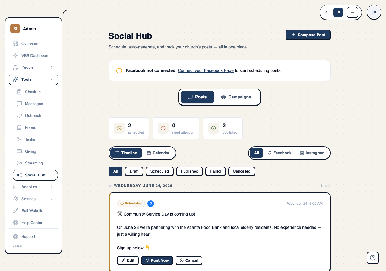 Social media posting hub showing scheduled and published posts