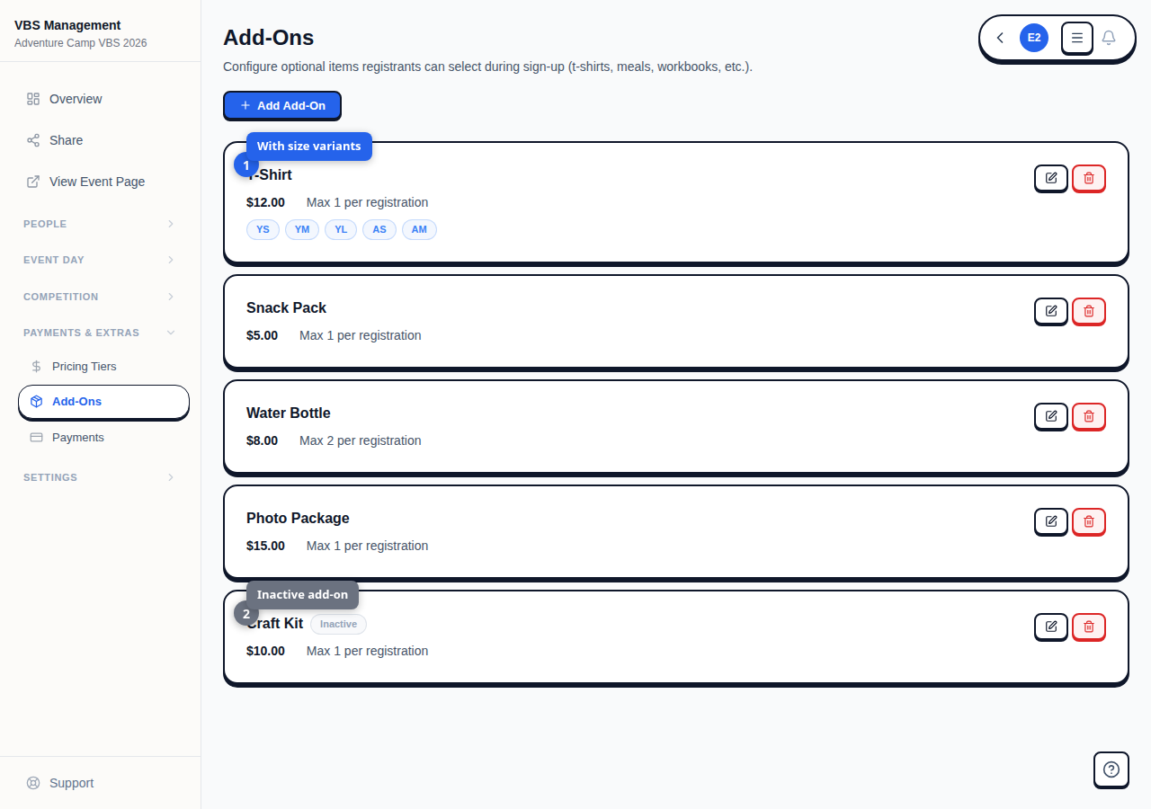 Five add-on cards including T-Shirt with size variants, Snack Pack, Water Bottle, Photo Package, and an inactive Craft Kit