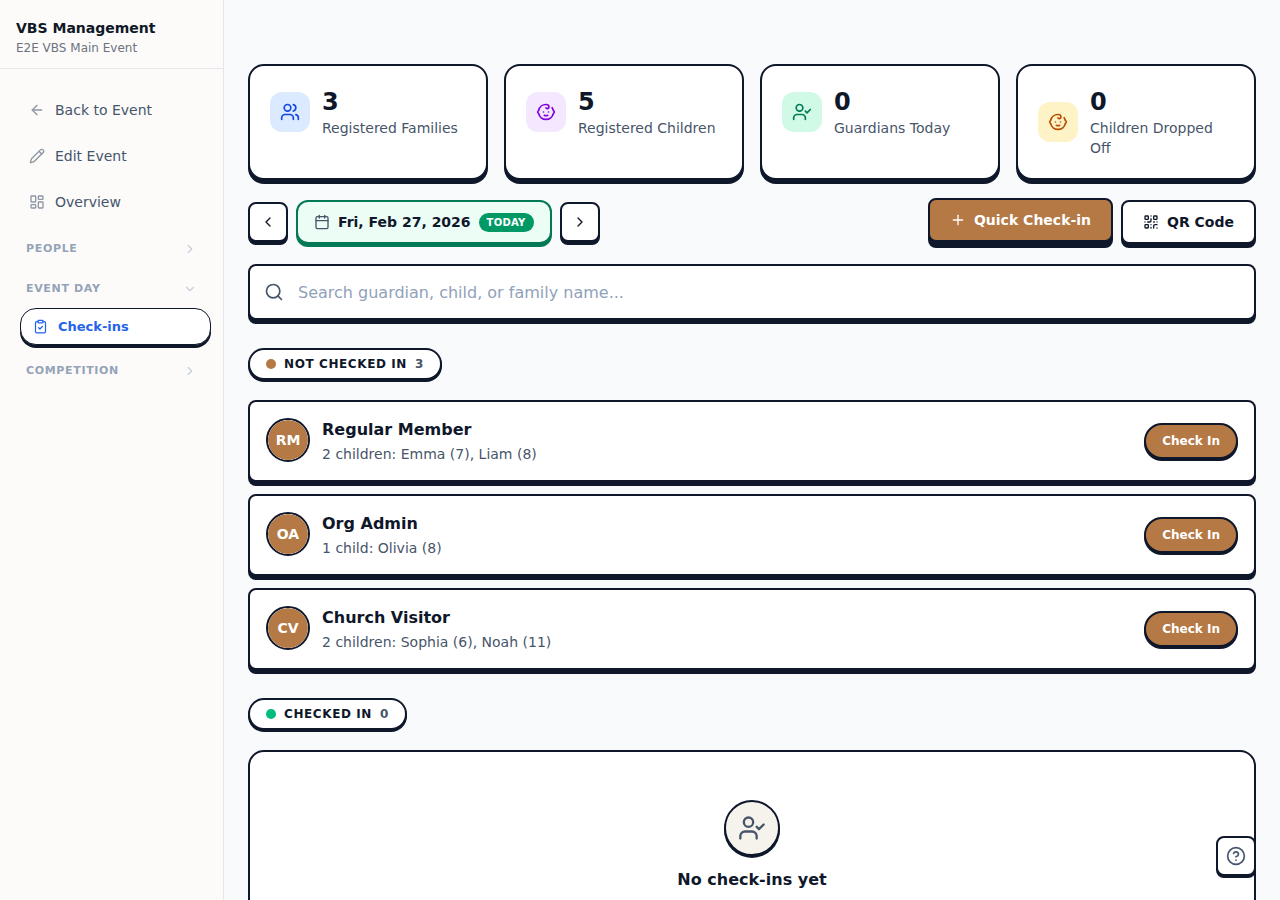 Checked In section showing guardian cards with child pills and check-in times