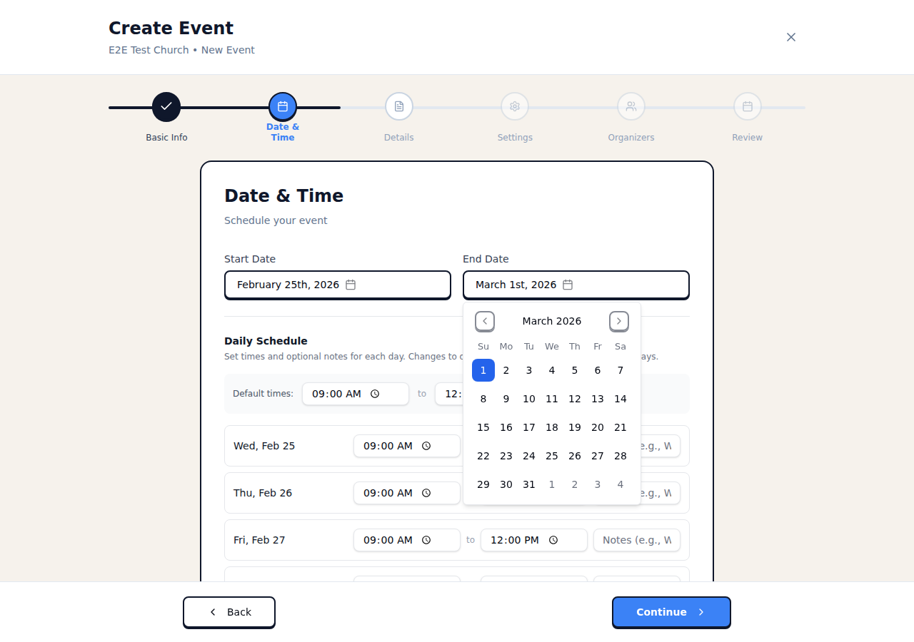 VBS Daily Schedule with default times