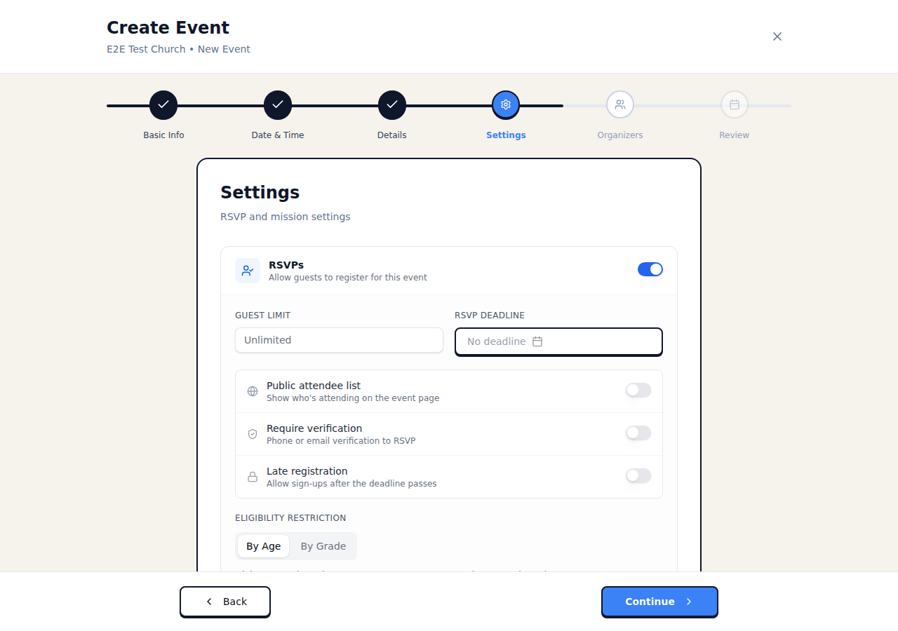 RSVP settings enabled