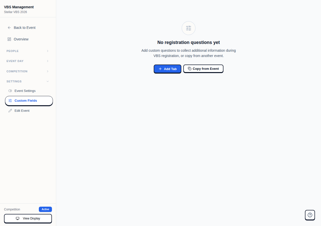 Custom Fields page showing Add Tab and Copy from Event buttons