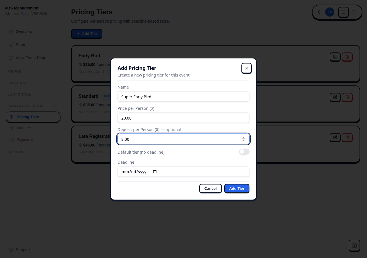 Pricing tier creation dialog with name, price, deposit, and deadline fields